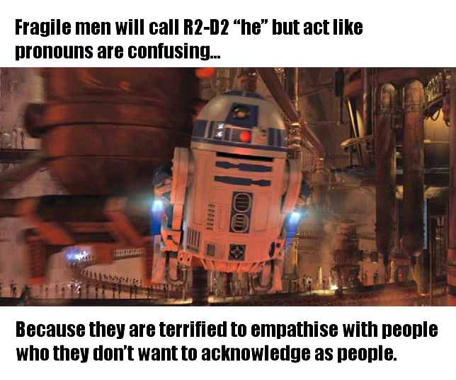 This meme is a humorous take on the popular "Star Wars" character R2-D2, with a twist on the phrase "R2-D2" to make it sound like "Rude 2" or "Rude D". The text above the image reads "Fragile men will call R2-D2 'he' but act like pronouns are confusing..." and the text below reads "Because they are terrified to empathise with people who they don't want to acknowledge as people". The image itself is a screenshot of R2-D2 from the "Star Wars" franchise, but the text is the main focus of the meme.